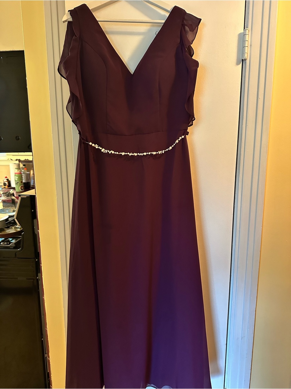 V-Neck Maxi Dress in Plum with Pearl Waist Accents